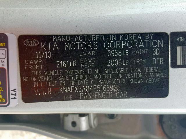 KNAFX5A84E5166925 - 2014 KIA FORTE EX SILVER photo 10