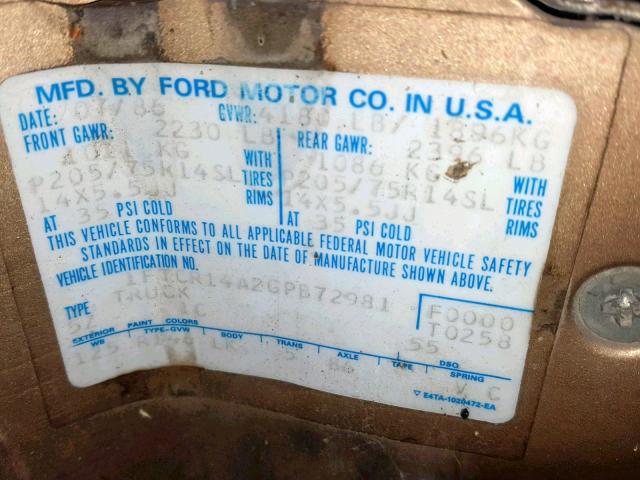 1FTCR14A2GPB72981 - 1986 FORD RANGER SUP BROWN photo 10