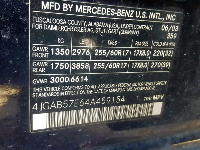 4JGAB57E64A459154 - 2004 MERCEDES-BENZ ML 350 BLUE photo 10