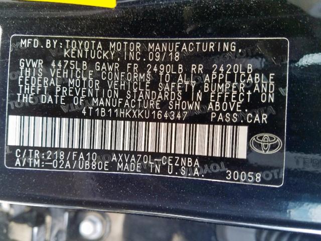 4T1B11HKXKU164347 - 2019 TOYOTA CAMRY L BLACK photo 10