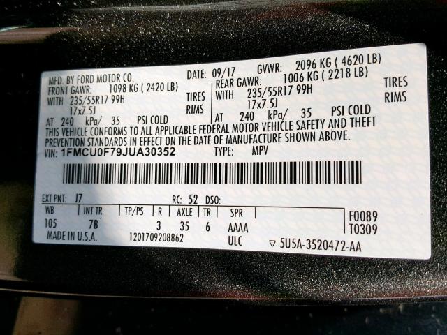 1FMCU0F79JUA30352 - 2018 FORD ESCAPE S GRAY photo 10