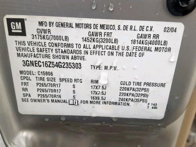 3GNEC16Z54G235303 - 2004 CHEVROLET SUBURBAN C TAN photo 10