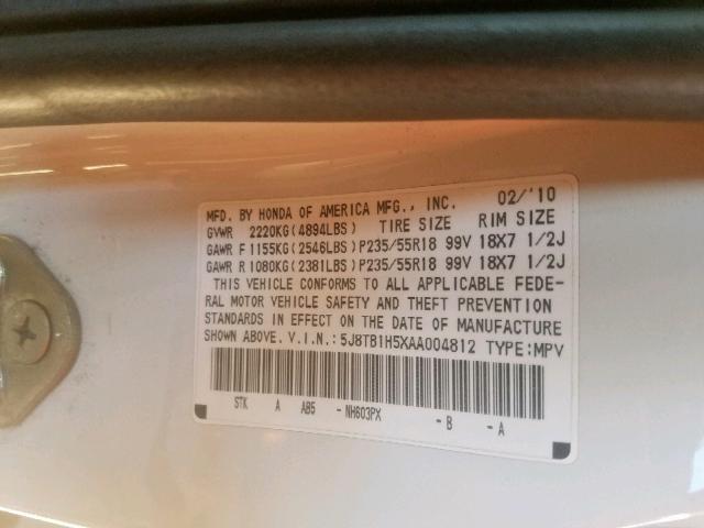 5J8TB1H5XAA004812 - 2010 ACURA RDX TECHNO WHITE photo 10