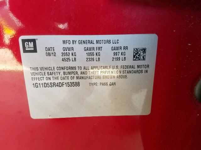 1G11D5SR4DF153588 - 2013 CHEVROLET MALIBU 1LT RED photo 10