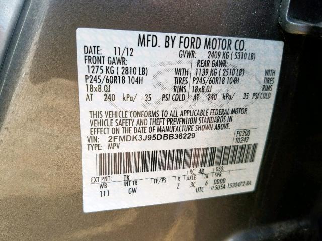 2FMDK3J95DBB36229 - 2013 FORD EDGE SEL BROWN photo 10