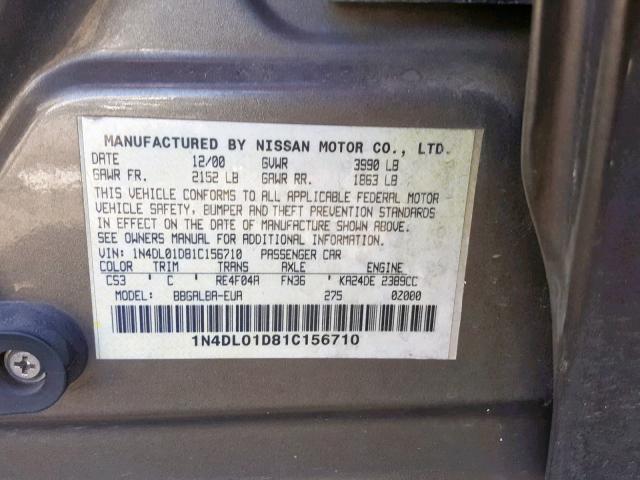 1N4DL01D81C156710 - 2001 NISSAN ALTIMA XE GREEN photo 10