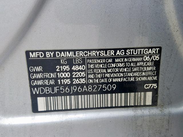 WDBUF56J96A827509 - 2006 MERCEDES-BENZ E 350 SILVER photo 10