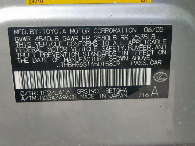 JTHBH96S165015809 - 2006 LEXUS GS 300 SILVER photo 10