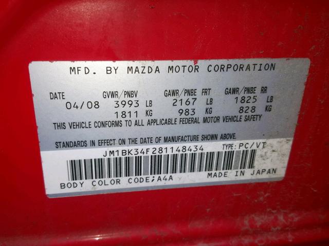 JM1BK34F281148434 - 2008 MAZDA 3 I RED photo 10