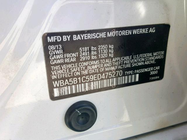 WBA5B1C59ED475270 - 2014 BMW 535 I WHITE photo 10