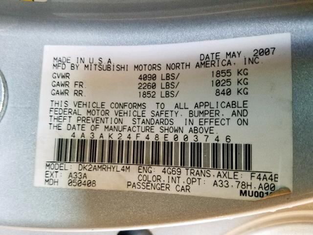 4A3AK24F48E003746 - 2008 MITSUBISHI ECLIPSE GS SILVER photo 10