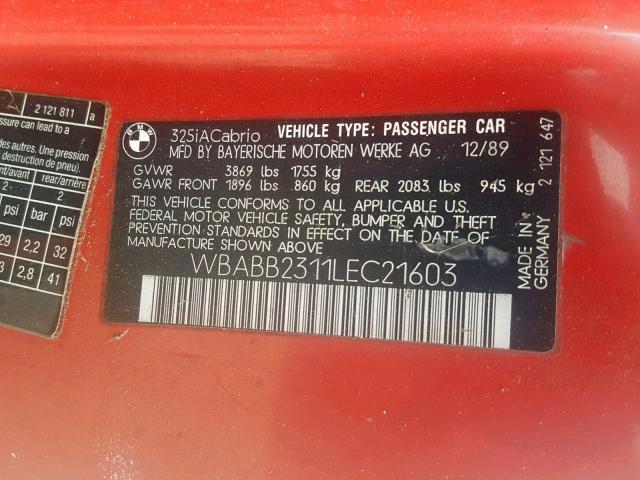 WBABB2311LEC21603 - 1990 BMW 325 IC AUT RED photo 10