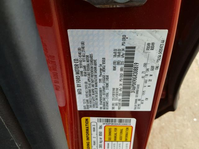 3FA6P0K90GR308819 - 2016 FORD FUSION TIT RED photo 10