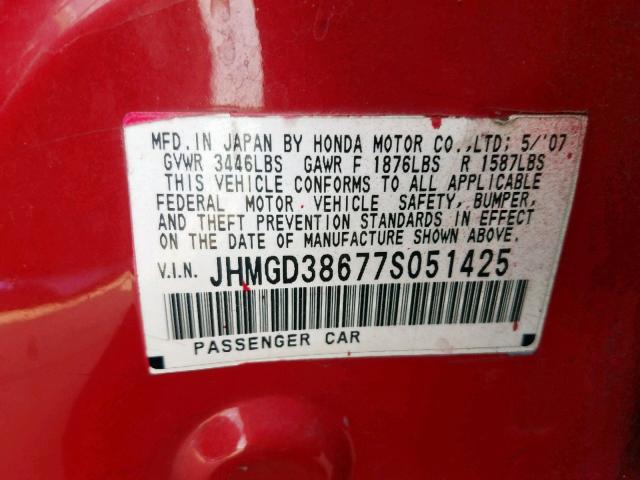 JHMGD38677S051425 - 2007 HONDA FIT S 红色 照片 10