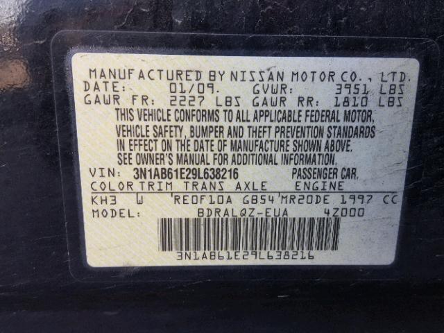 3N1AB61E29L638216 - 2009 NISSAN SENTRA 2.0 BLACK photo 10