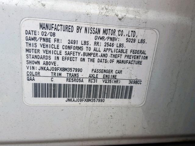 JNKAJ09FX8M357990 - 2008 INFINITI EX35 BASE WHITE photo 10