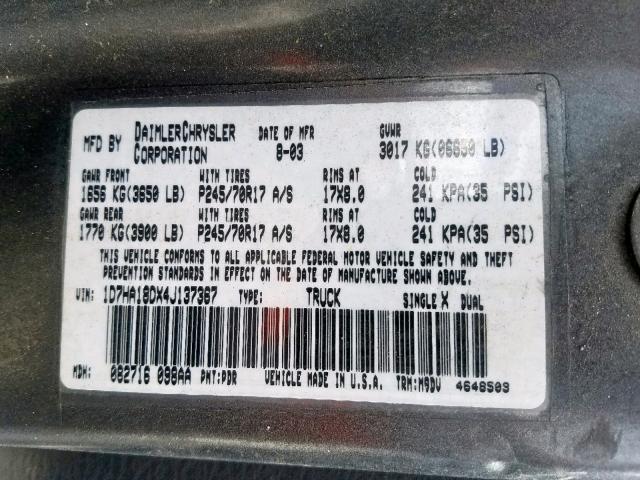 1D7HA18DX4J137367 - 2004 DODGE RAM 1500 S GRAY photo 10