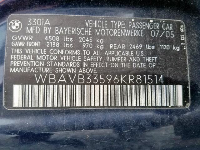 WBAVB33596KR81514 - 2006 BMW 330 I BLUE photo 10