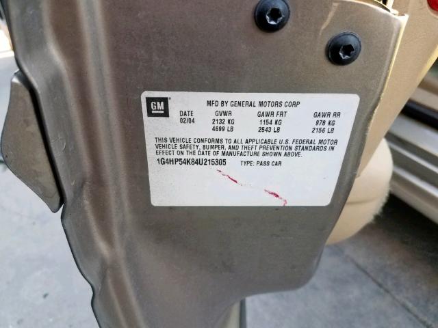 1G4HP54K84U215305 - 2004 BUICK LESABRE CU BEIGE photo 10