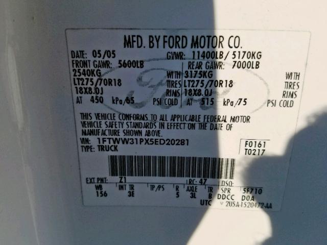 1FTWW31PX5ED20281 - 2005 FORD F350 SRW S WHITE photo 10