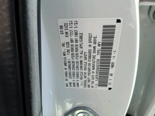 5J8TB18529A003729 - 2009 ACURA RDX TECHNO WHITE photo 10