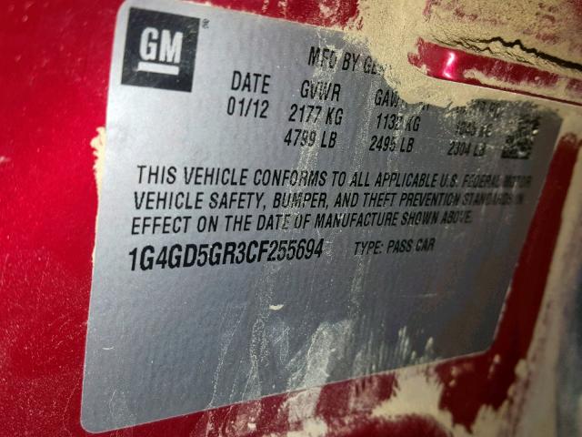 1G4GD5GR3CF255694 - 2012 BUICK LACROSSE P BURGUNDY photo 10