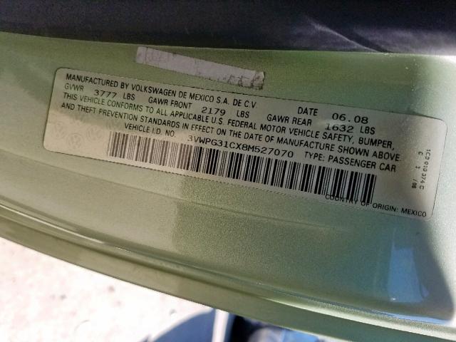 3VWPG31CX8M527070 - 2008 VOLKSWAGEN NEW BEETLE მწვანე ფოტო 10