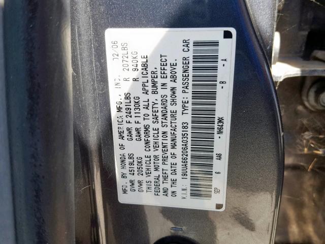 19UUA66206A035183 - 2006 ACURA 3.2TL GRAY photo 10