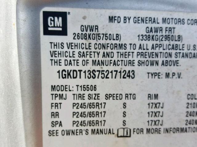 1GKDT13S752171243 - 2005 GMC ENVOY TAN photo 10