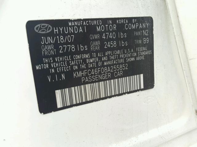 KMHFC46F08A255852 - 2008 HYUNDAI AZERA SE WHITE photo 10