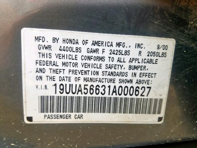 19UUA56631A000627 - 2001 ACURA 3.2TL GRAY photo 10