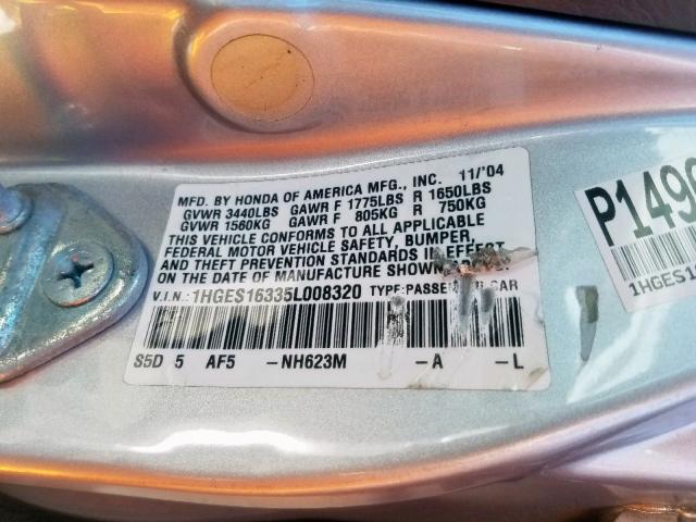 1HGES16335L008320 - 2005 HONDA CIVIC DX V SILVER photo 10