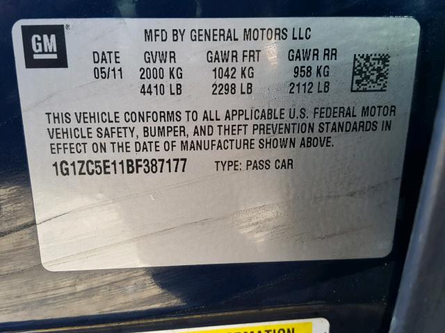 1G1ZC5E11BF387177 - 2011 CHEVROLET MALIBU 1LT 蓝色 照片 10