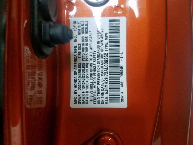 5J6YH2H73AL009262 - 2010 HONDA ELEMENT EX ORANGE photo 10