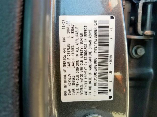 1HGCP36858A021893 - 2008 HONDA ACCORD EXL GRAY photo 10