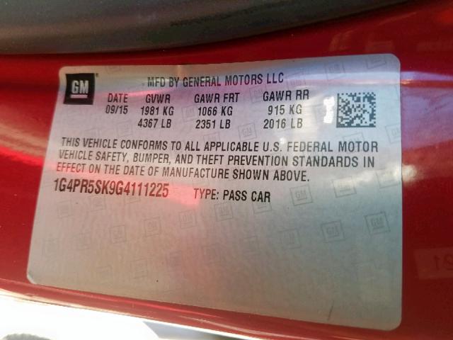 1G4PR5SK9G4111225 - 2016 BUICK VERANO CON RED photo 10