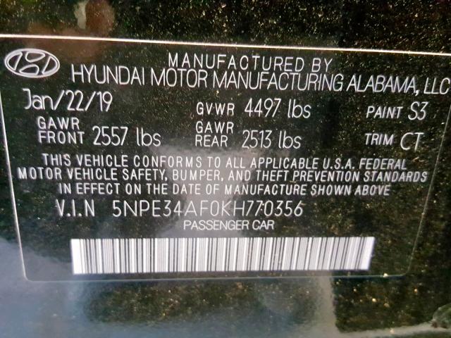 5NPE34AF0KH770356 - 2019 HYUNDAI SONATA LIM BLACK photo 10