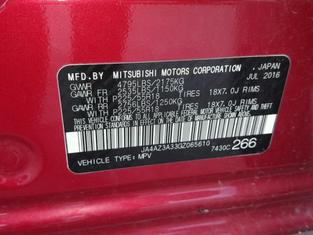 JA4AZ3A33GZ065610 - 2016 MITSUBISHI OUTLANDER RED photo 10