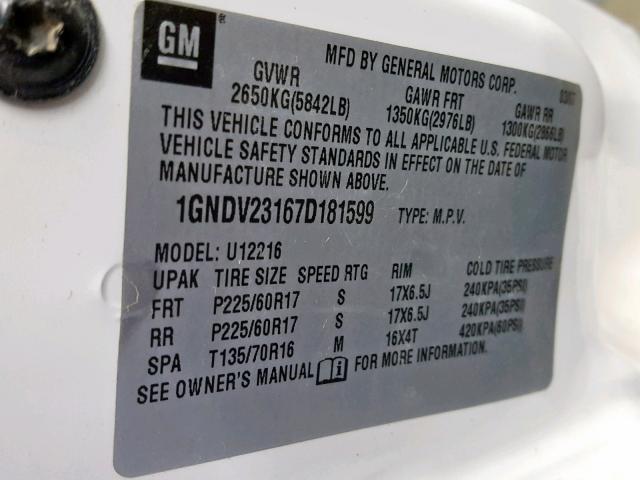 1GNDV23167D181599 - 2007 CHEVROLET UPLANDER L WHITE photo 10