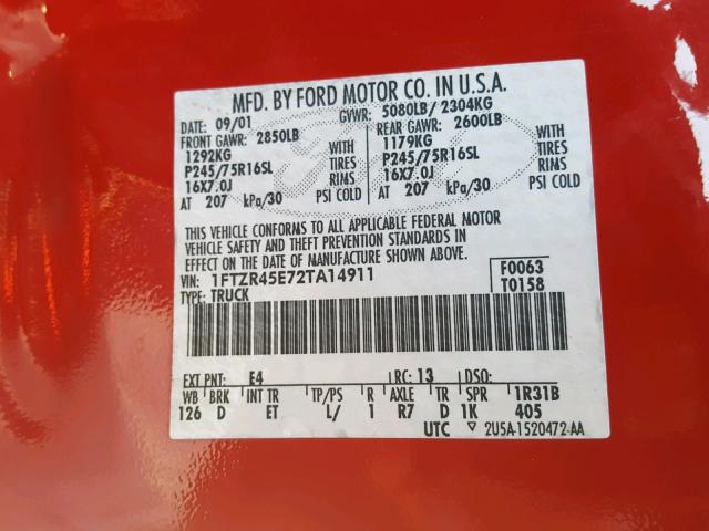 1FTZR45E72TA14911 - 2002 FORD RANGER SUP RED photo 10