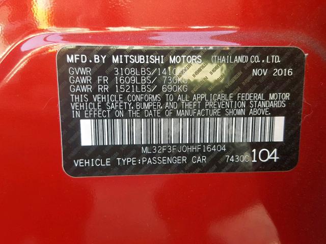 ML32F3FJ0HHF16404 - 2017 MITSUBISHI MIRAGE G4 RED photo 10