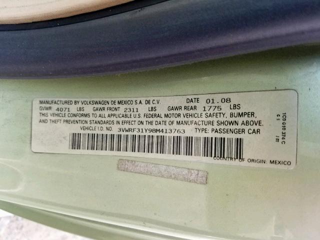 3VWRF31Y98M413763 - 2008 VOLKSWAGEN NEW BEETLE მწვანე ფოტო 10