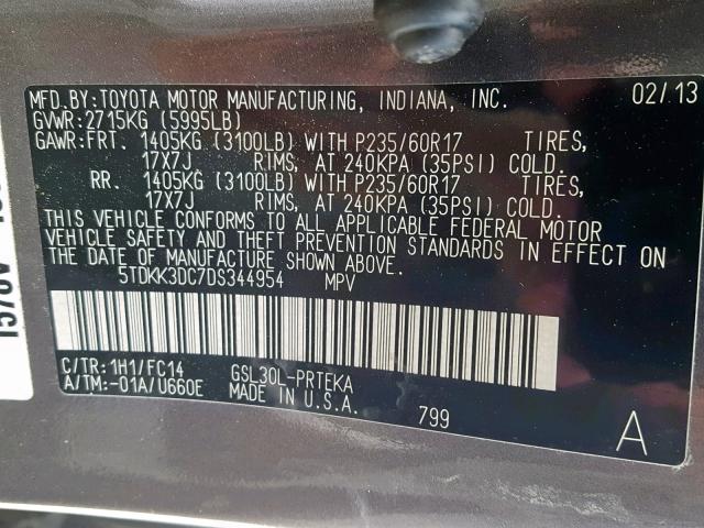 5TDKK3DC7DS344954 - 2013 TOYOTA SIENNA LE GRAY photo 10