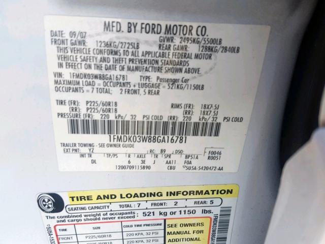 1FMDK03W88GA16781 - 2008 FORD TAURUS X L WHITE photo 10