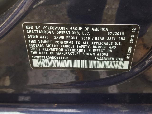 1VWBP7A36EC011108 - 2014 VOLKSWAGEN PASSAT SE BLUE photo 10