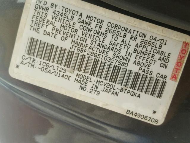 JT8BF28G510327580 - 2001 LEXUS ES 300 GRAY photo 10