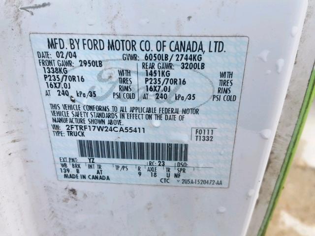 2FTRF17W24CA55411 - 2004 FORD F-150 HERI WHITE photo 10