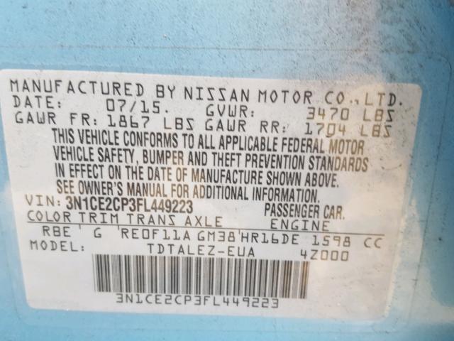 3N1CE2CP3FL449223 - 2015 NISSAN VERSA NOTE BLUE photo 10