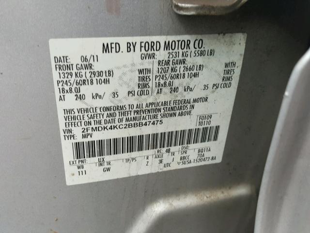 2FMDK4KC2BBB47475 - 2011 FORD EDGE LIMIT SILVER photo 10