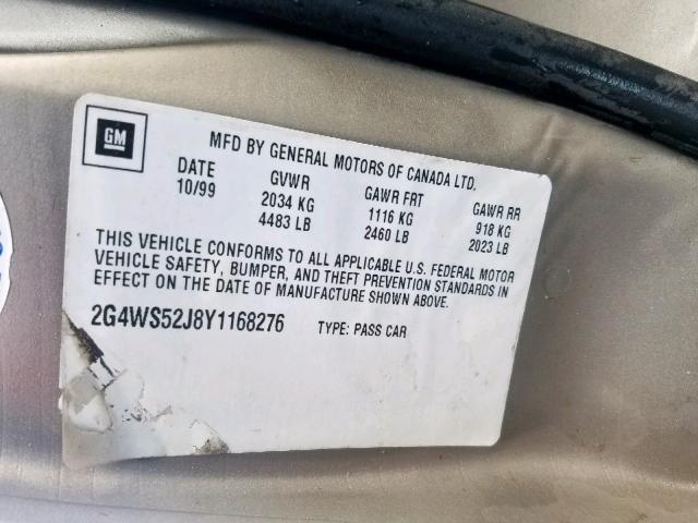 2G4WS52J8Y1168276 - 2000 BUICK CENTURY CU BEIGE photo 10